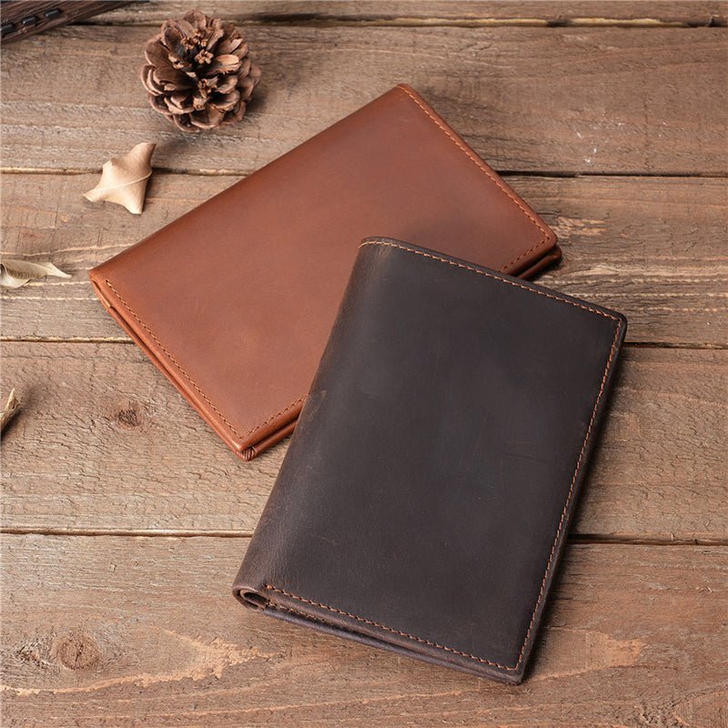 Full Grain Leather RFID Passport Wallet, Retro Bifold Card Holder